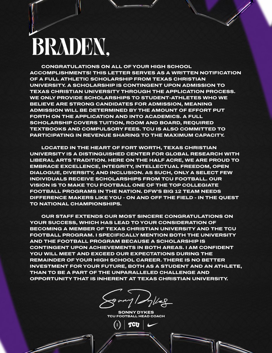 Braden Bach 3⭐ (@bradenbach2026) on Twitter photo Frogs🐸 It's Official. BEYOND a blessing. Ready to work. Lessssgo! #FrogFam <a href="/CoachSonnyDykes/">Sonny Dykes</a> <a href="/kendalbriles/">Kendal Briles</a> <a href="/Mitch_Kirsch/">Mitchell Kirsch</a> <a href="/ArgyleISD/">Argyle ISD</a> <a href="/argylegridiron/">Argyle Football</a> <a href="/ArgyleSports/">Argyle Eagles Booster Club</a> <a href="/On3sports/">On3</a> <a href="/Rivals_HS/">Rivals High School</a> @247sports @txhsfb <a href="/txfblife/">Texas Football Life</a> <a href="/mmainiero34/">Matt Mainiero</a> <a href="/Frogs247/">TCU on 247Sports</a> <a href="/TCUFootball/">TCU Football</a> <a href="/TCUSportsAlerts/">TCU SPORTS</a> Frogs🐸 It's Official. BEYOND a blessing. Ready to work. Lessssgo! #FrogFam <a href="/CoachSonnyDykes/">Sonny Dykes</a> <a href="/kendalbriles/">Kendal Briles</a> <a href="/Mitch_Kirsch/">Mitchell Kirsch</a> <a href="/ArgyleISD/">Argyle ISD</a> <a href="/argylegridiron/">Argyle Football</a> <a href="/ArgyleSports/">Argyle Eagles Booster Club</a> <a href="/On3sports/">On3</a> <a href="/Rivals_HS/">Rivals High School</a> @247sports @txhsfb <a href="/txfblife/">Texas Football Life</a> <a href="/mmainiero34/">Matt Mainiero</a> <a href="/Frogs247/">TCU on 247Sports</a> <a href="/TCUFootball/">TCU Football</a> <a href="/TCUSportsAlerts/">TCU SPORTS</a>