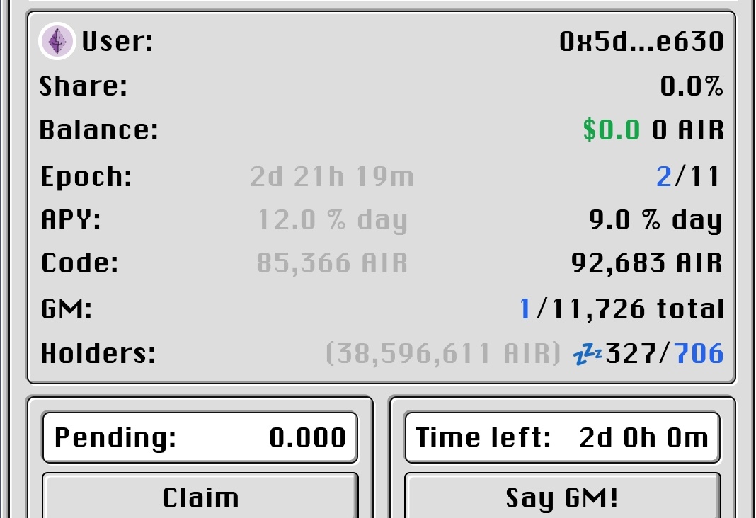 I heard its never too late to Say GM $AIR <a href="/Ethereum_OS/">Eth OS</a> is gonna be breaking records and setting new ones epoch 2 now live 1 post =1code don't miss out guys