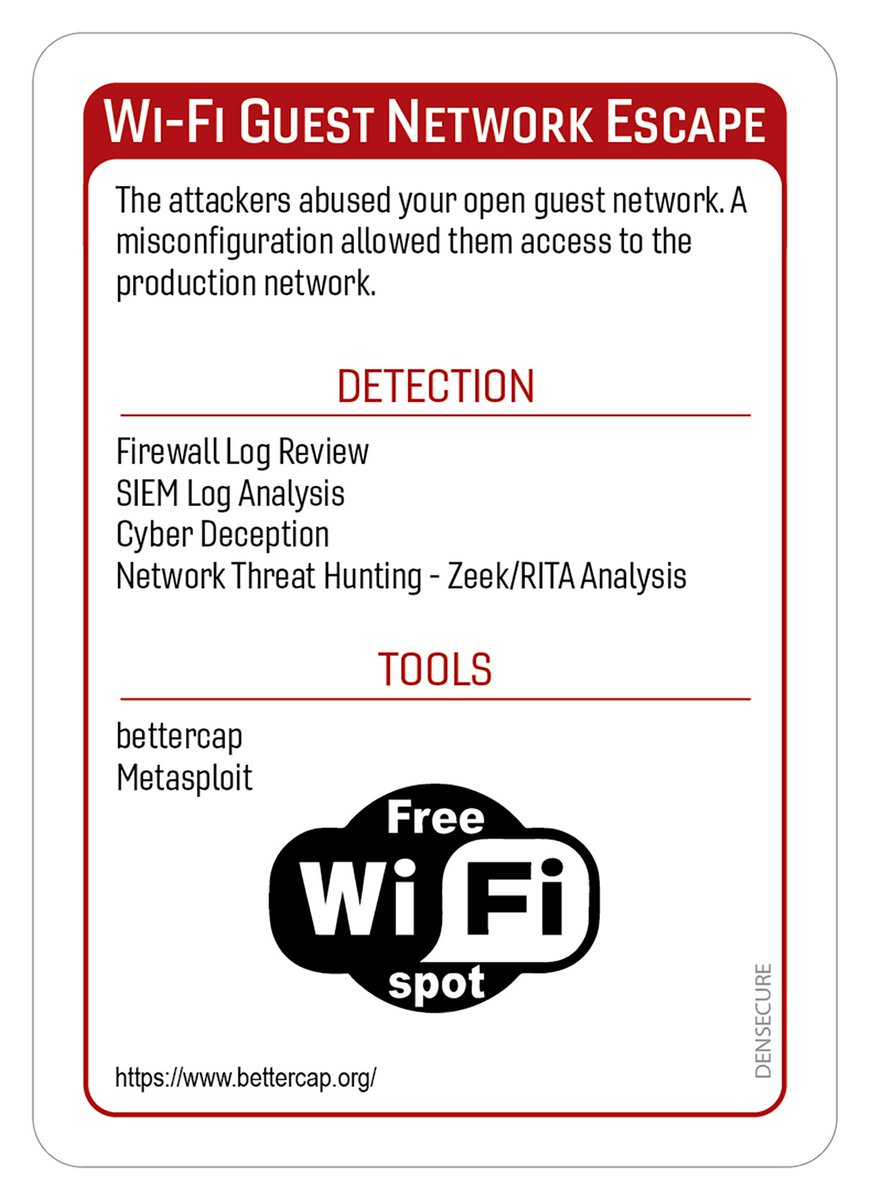 BACKDOORS &amp; BREACHES - CARD OF THE DAY 
How would you handle this attack?
Deck: Densecure 
Attack/Procedure Type: Initial Compromise
Attack/Procedure: Wi-Fi Guest Network Escape 

Tools: 
Bettercap - bettercap.org   

Metasploit - metasploit.com   

Play