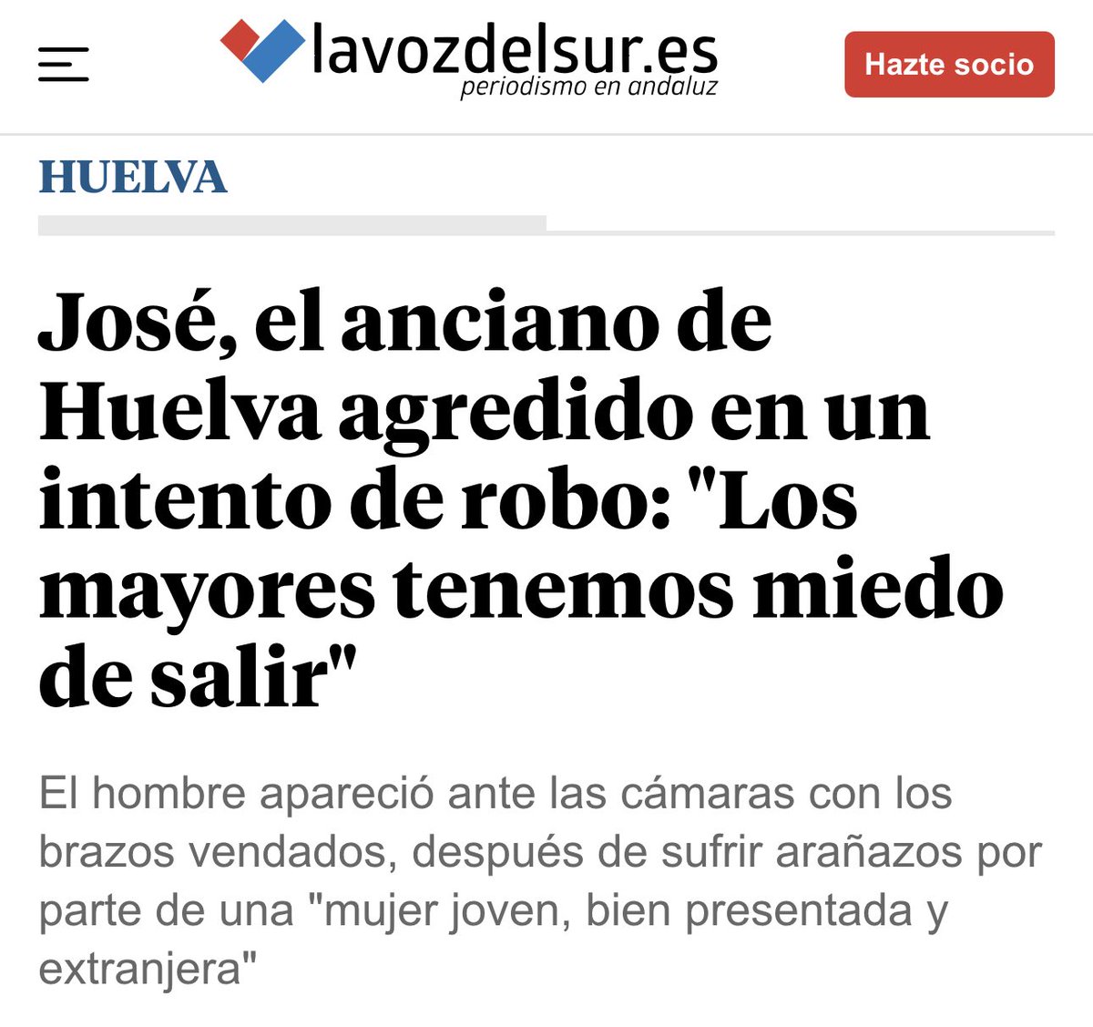 Una inmigrante árabe agrede salvajemente a un anciano en Huelva para robarle su cadena.

PP y PSOE, con sus políticas criminales de fronteras abiertas, han arrebatado la paz y la tranquilidad a nuestros mayores.

¡El que viene a delinquir, se va!