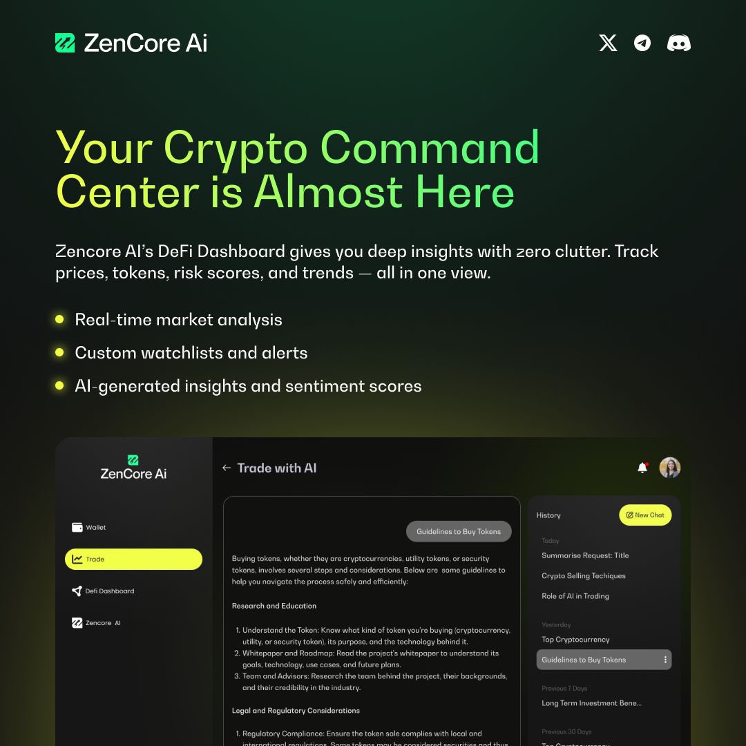 Zencore__AI's tweet image. Your Crypto Command Center is almost here.
One dashboard. Infinite control. Smarter AI-driven decisions for every trade.

Prepare to take command of your DeFi journey.

#ZencoreAI #CryptoCommandCenter #DeFiRevolution