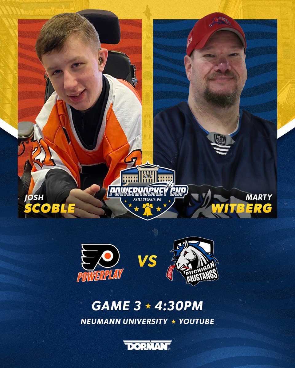 2025 Powerhockey Cup (@2025phc) on Twitter photo Game 3 of the 2025 Powerhockey Cup between <a href="/FlyersPwrPlay/">Philadelphia Flyers PowerPlay</a> Orange and the <a href="/MichiganMustang/">Michigan Mustangs</a> of <a href="/TheWCHL/">Wheelchair Hockey Lg</a> starts at 4:30PM. Tune in!
Watch live: youtube.com/watch?v=BC76p3…
#PlayOn | @DormanProducts Game 3 of the 2025 Powerhockey Cup between <a href="/FlyersPwrPlay/">Philadelphia Flyers PowerPlay</a> Orange and the <a href="/MichiganMustang/">Michigan Mustangs</a> of <a href="/TheWCHL/">Wheelchair Hockey Lg</a> starts at 4:30PM. Tune in!
Watch live: youtube.com/watch?v=BC76p3…
#PlayOn | @DormanProducts