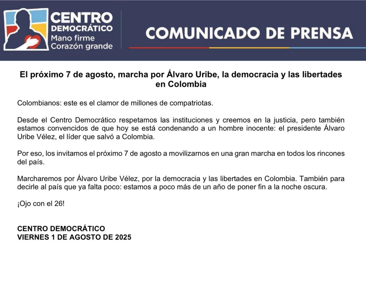 PalomaValenciaL's tweet photo. Unidos y firmes los colombianos saldremos a defender nuestra democracia. Este 7 de agosto marchamos por la justicia, por la verdad y por Álvaro Uribe Vélez. Esta movilización llegará hasta los últimos rincones del país. 🇨🇴✊🏻 https://t.co/EynnGfbPJO