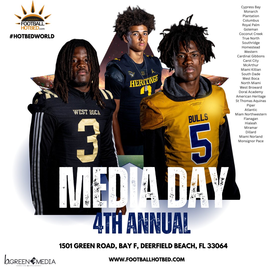 Football Hotbed (@footballhotbed) on Twitter photo Tomorrow, we welcome over 30 plus teams to our 4th Annual Media Day event in Deerfield Beach. #hotbedworld <a href="/Brandon_Odoi/">Brandon Odoi</a> Tomorrow, we welcome over 30 plus teams to our 4th Annual Media Day event in Deerfield Beach. #hotbedworld <a href="/Brandon_Odoi/">Brandon Odoi</a>