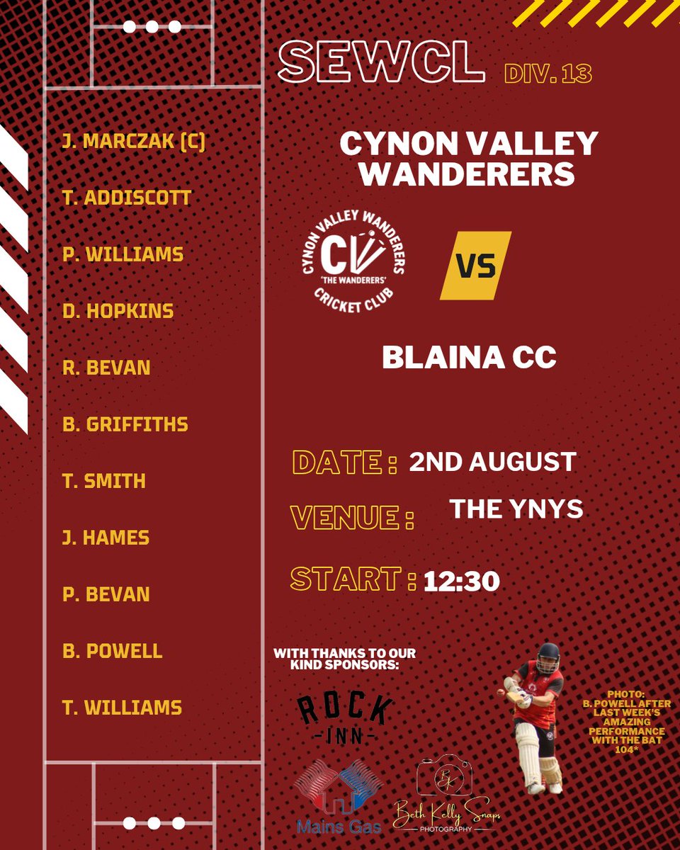 Cynon Valley Wanderers CC (@cvwandererscc) on Twitter photo Tomorrow we host <a href="/BlainaCC/">Blaina Cricket Clubπ</a> after a very very close game away at Blaina we hope to return the favour.
Come down and cheer on the boys Tomorrow we host <a href="/BlainaCC/">Blaina Cricket Clubπ</a> after a very very close game away at Blaina we hope to return the favour.
Come down and cheer on the boys