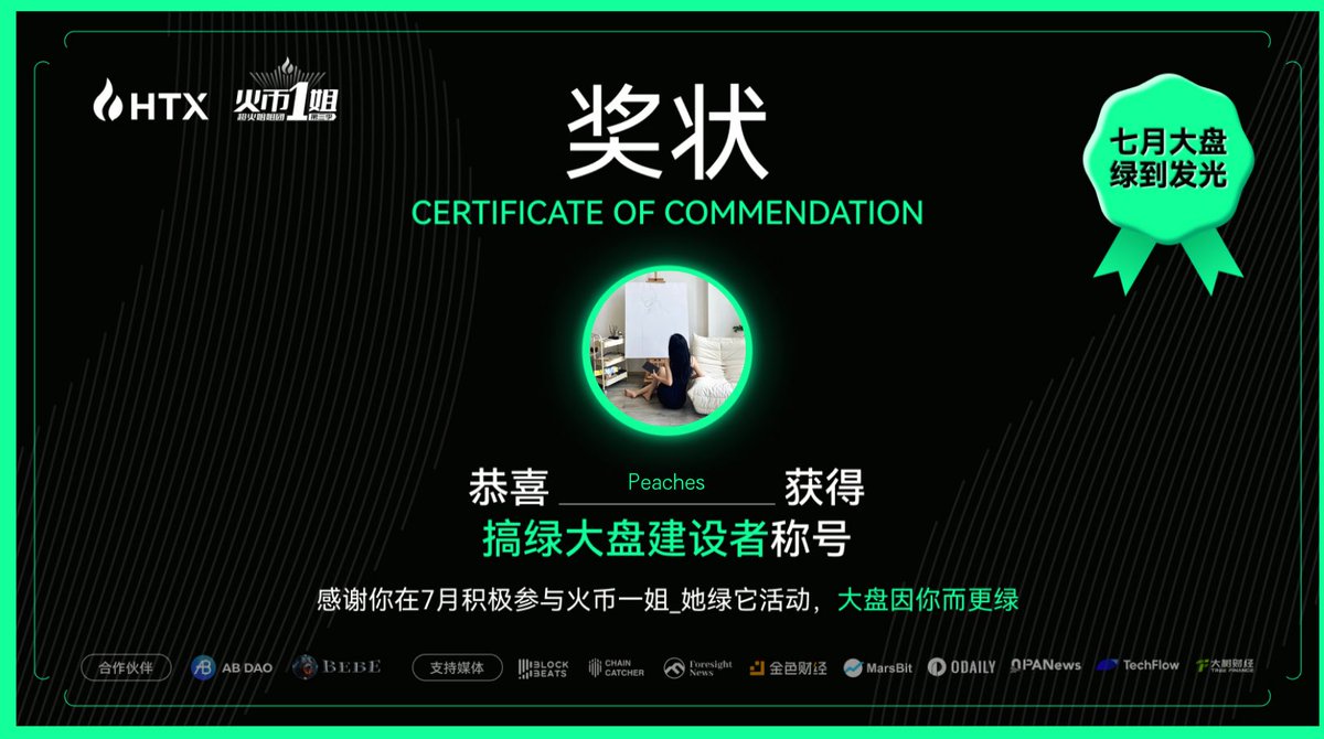 🎖️ 荣获HTX授予的「大盘建设者」称号，这份认可让我满心荣幸与感激！

💚 八月已至，继续播撒绿意——让每一次调整都藏着闪光的未来，让我们的绿色大盘，亮得耀眼，绿得底气，稳得从容！

#HTXDAO #火币一姐 #共建大盘 #HTXNova
<a href="/justinsuntron/">H.E. Justin Sun 🍌</a> <a href="/HuobiGlobal/">火币HTX</a> <a href="/HTX_DAO/">HTX DAO</a>