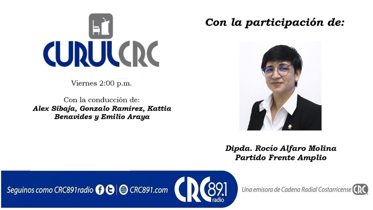 ¡Iniciamos edición de Viernes! 🎙

Invitada: 
<a href="/R_AlfaroMolina/">Rocío Alfaro Molina</a> 

Conducen:
@alexsibaja
<a href="/Kabemo/">Kattia Benavides</a>
<a href="/EmilioArayaS/">Emilio Araya 🇨🇷</a>

📻: <a href="/CRC891Radio/">CRC891Radio</a>

📲:facebook.com/share/v/18y2uw…