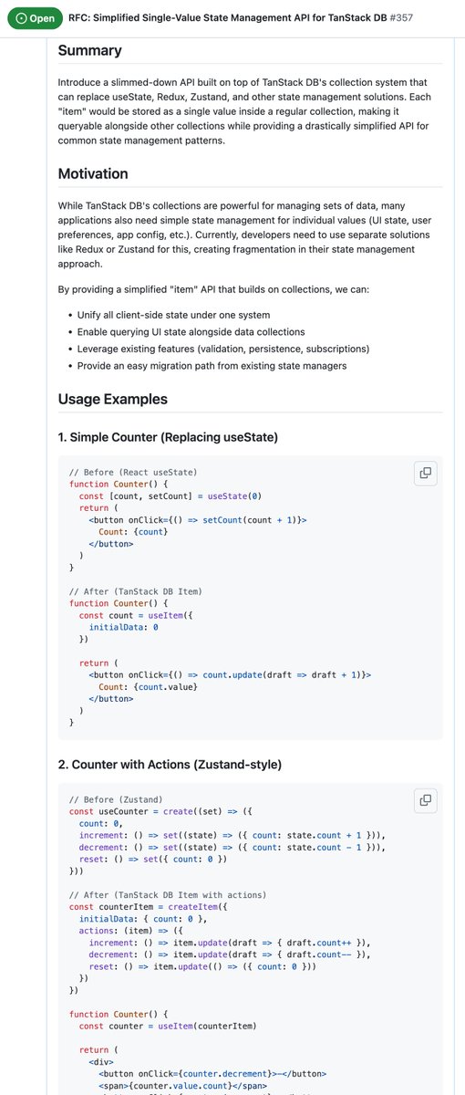 Kyle Mathews (@kylemathews) on Twitter photo I've been exploring a slimmed down DB API for single items similar to what you'd use useState, zustand, redux for
github.com/TanStack/db/is…
H/t to <a href="/tannerlinsley/">Tanner Linsley</a> for the API idea I've been exploring a slimmed down DB API for single items similar to what you'd use useState, zustand, redux for
github.com/TanStack/db/is…
H/t to <a href="/tannerlinsley/">Tanner Linsley</a> for the API idea