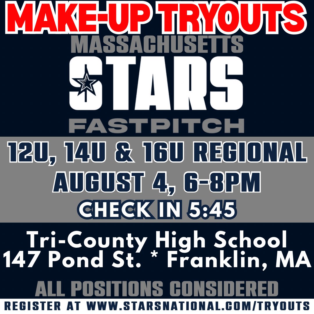 We still have some openings for our MA Stars 12U, 14U &amp; 16U Regional Fastptich teams. Join us on Monday for a tryout. Please register ahead of time here - starsnational.com/tryouts 
#starsfastpitch #MAStarsFastpitch