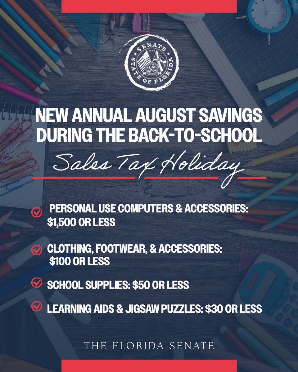 School is just around the corner! Thanks to the Florida Legislature, Floridians can now purchase classroom essentials tax-free annually during the full month of August. For more information on eligible items, visit: floridarevenue.com/backtoschool