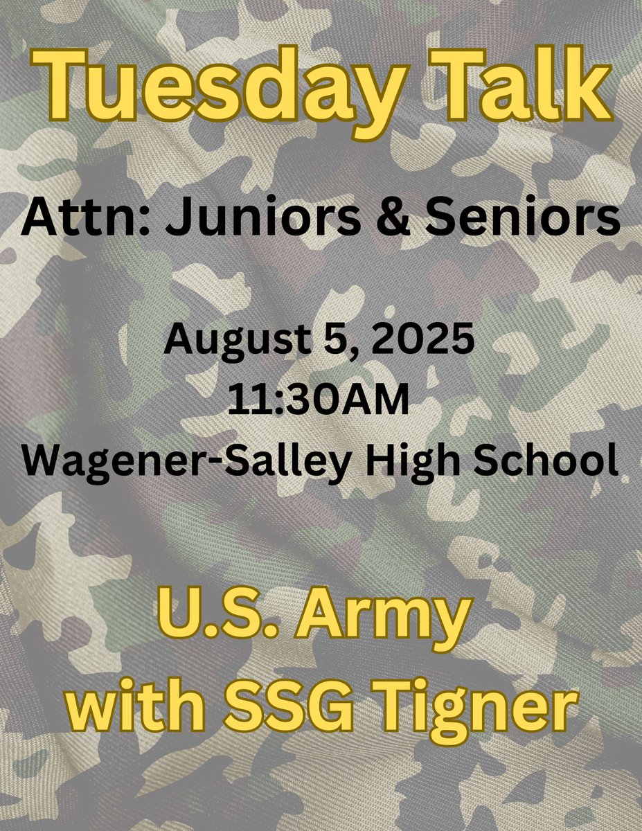 Attention Juniors and Seniors!

Tuesday Talks are BACK!

August 5th: US Army with SSG Tigner
August 12th: Aiken Technical College
August 26th: USC-Aiken School of Nursing with Hannah Mottel, DNP, RN

All will start at 11:30 am.  See Mrs. Shackleford if you have any questions!