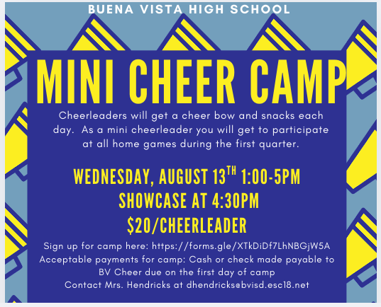 Show Your Longhorn Spirit!
  
BV Mini Cheer Camp will be on Wednesday, August 13 from 1-5pm.  
Click on the link to register: forms.gle/XTkDiDf7LhNBGj…

See the flyers for information on payment and how to order camp shirts.
