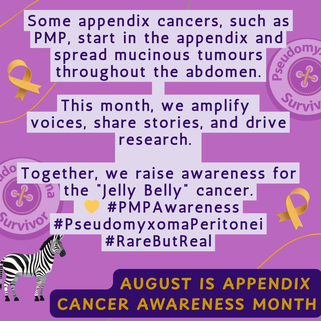 In 2013, we established Aug as PMP Awareness Month. It has evolved into Appendix Cancer Awareness Month, garnering recognition from orgs &amp; indivs around the globe, we couldn't be more delighted. #pseudomyxomasurvivorcharity #pmpawarenessmonth #appendixcancerawareness #rarebutreal