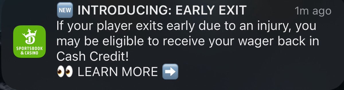 LocksTheFox's tweet photo. 🚨 Big News: DraftKings Introduces “Early Exit” Credits! 🚨

DraftKings has just rolled out an Early Exit feature for pre-match and full-game player prop bets. If a player exits the game early due to injury and doesn’t return within the defined window!! #DraftKings https://t.co/HvjBh6E1CW