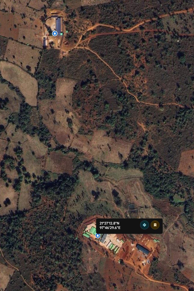 1/ A new report of 1000+ "scam" workers being moved from Mong Kung to Laikha in the past month: facebook.com/MeKongNewsMM/p…

In sat imagery, I found at least 6 very out-of-place constructions in north Laikha that fit the look of scam centers.

New &amp; upgraded roads also apparent.