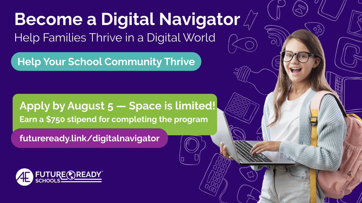 Apply by August 5th to become a Digital Navigator and help your families and students thrive in a digitally connected world. 🌎

Find the application here....buff.ly/mH1Yyy2

#futurereadylibs #futureready #tlchat #edchat #edtech #ISTElib #digitalnavigator #educators