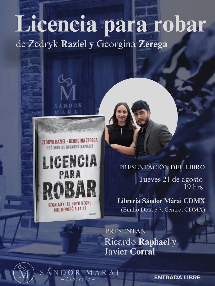zedryk. (@amormundi_) on Twitter photo Gente querida,
Aparten el 21 de agosto. Ese día <a href="/zeregag/">Georgina Zerega</a> y yo presentaremos nuestro libro sobre la enorme estafa en Segalmex en la <a href="/SandorMaraiCDMX/">Sándor Márai Librería CDMX</a>.
Nos harán el honor de acompañarnos <a href="/ricardomraphael/">Ricardo Raphael</a> y <a href="/Javier_Corral/">Javier Corral Jurado</a>. Gente querida,
Aparten el 21 de agosto. Ese día <a href="/zeregag/">Georgina Zerega</a> y yo presentaremos nuestro libro sobre la enorme estafa en Segalmex en la <a href="/SandorMaraiCDMX/">Sándor Márai Librería CDMX</a>.
Nos harán el honor de acompañarnos <a href="/ricardomraphael/">Ricardo Raphael</a> y <a href="/Javier_Corral/">Javier Corral Jurado</a>.