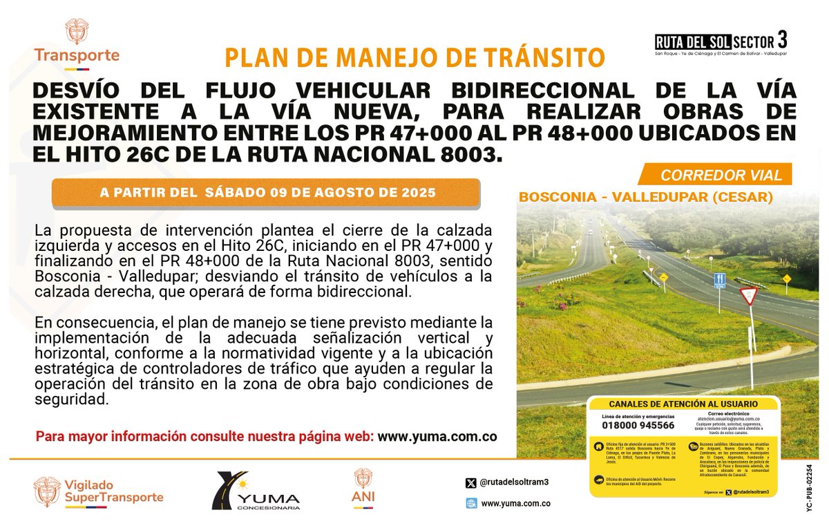 Ruta del Sol Sector 3 (@rutadelsoltram3) on Twitter photo <a href="/rutadelsoltram3/">Ruta del Sol Sector 3</a> Informa el desvío del flujo vehicular bidireccional de la vía existente a la vía nueva, para realizar obras de mejoramiento entre los PR 47+000 al PR 48+000 ubicados en el Hito 26C de la Ruta Nacional 8003. Corredor vial Bosconia – Valledupar (Cesar). <a href="/rutadelsoltram3/">Ruta del Sol Sector 3</a> Informa el desvío del flujo vehicular bidireccional de la vía existente a la vía nueva, para realizar obras de mejoramiento entre los PR 47+000 al PR 48+000 ubicados en el Hito 26C de la Ruta Nacional 8003. Corredor vial Bosconia – Valledupar (Cesar).