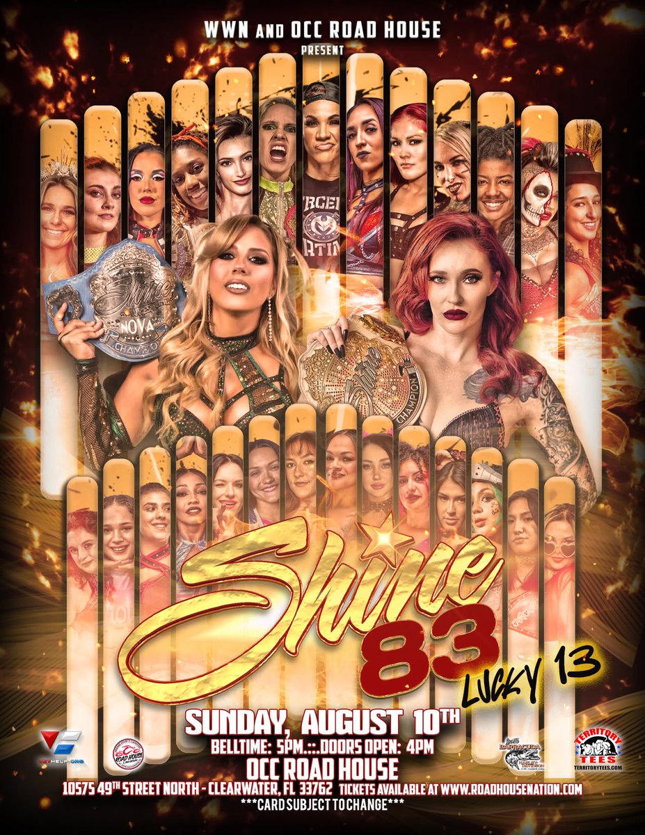 WWN &amp; OCC Road House Nation present: SHINE 83
Sunday, August 10, 2025
Doors Open: 4 PM
Bell Time: 5 PM
wwnlive.com