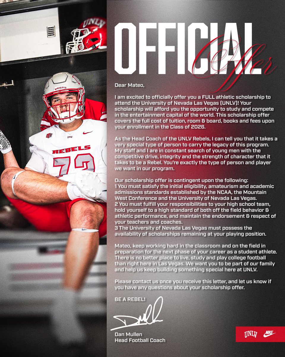 Blessed to receive my official offer from <a href="/unlvfootball/">UNLV Football</a> 🏡!!
<a href="/CoachDanMullen/">Dan Mullen</a> <a href="/CoachSollenne/">Mike Sollenne</a> <a href="/CoachJoeDenney/">Joe Denney</a> <a href="/NadeFootball/">CHAMINADE FOOTBALL</a>