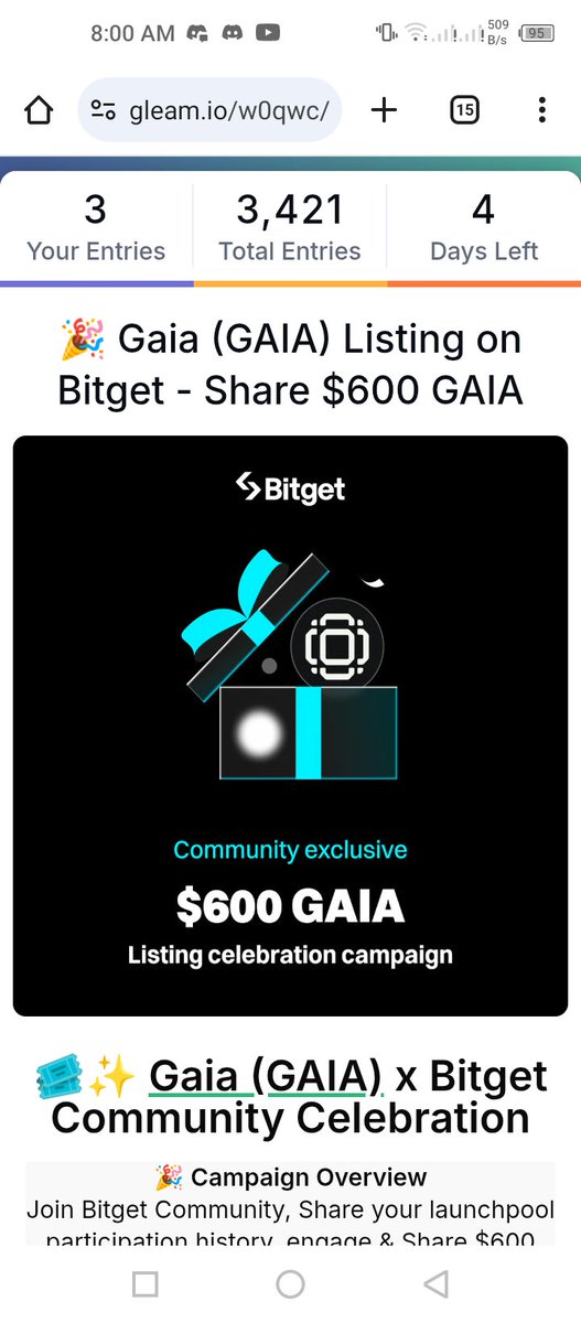 Join the fun, show your Launchpool participation &amp; win from a $600 GAIA prize pool! 🎁

✅ Join Discord &amp; Telegram
✅ Post screenshot w/ #GAIAListingBitget to the group

✅ Engage &amp; fill the form gleam.io/w0qwc/gaia-gai…

60 winners | Ends:  Aug 6, 9:00 AM (UTC)