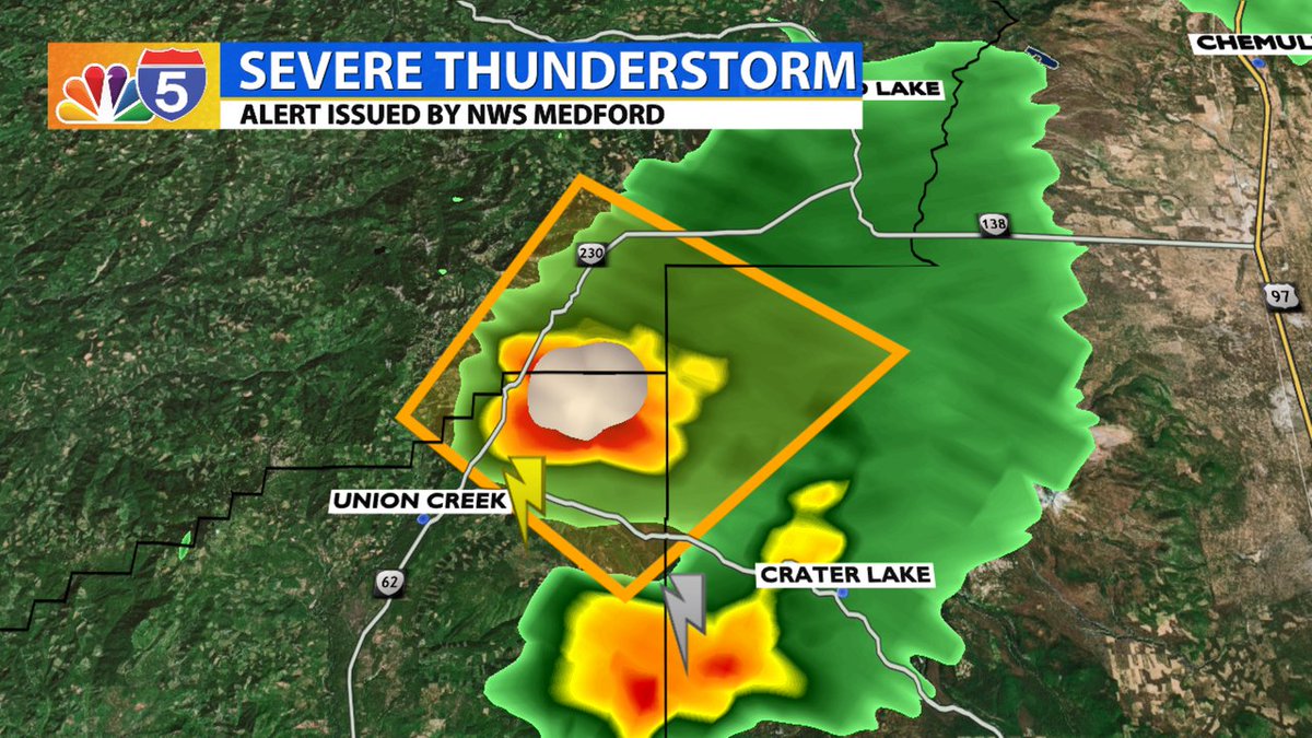 SEVERE THUNDERSTORM WARNING: 7:01PM - Severe Thunderstorm located NW of Crater Lake National Park. Moving Northeast at 5MPH. 
50+mph Winds Gusts and Quarter Size Hail possible. Impacts expected through 7:30pm. #ORwx #CAwx