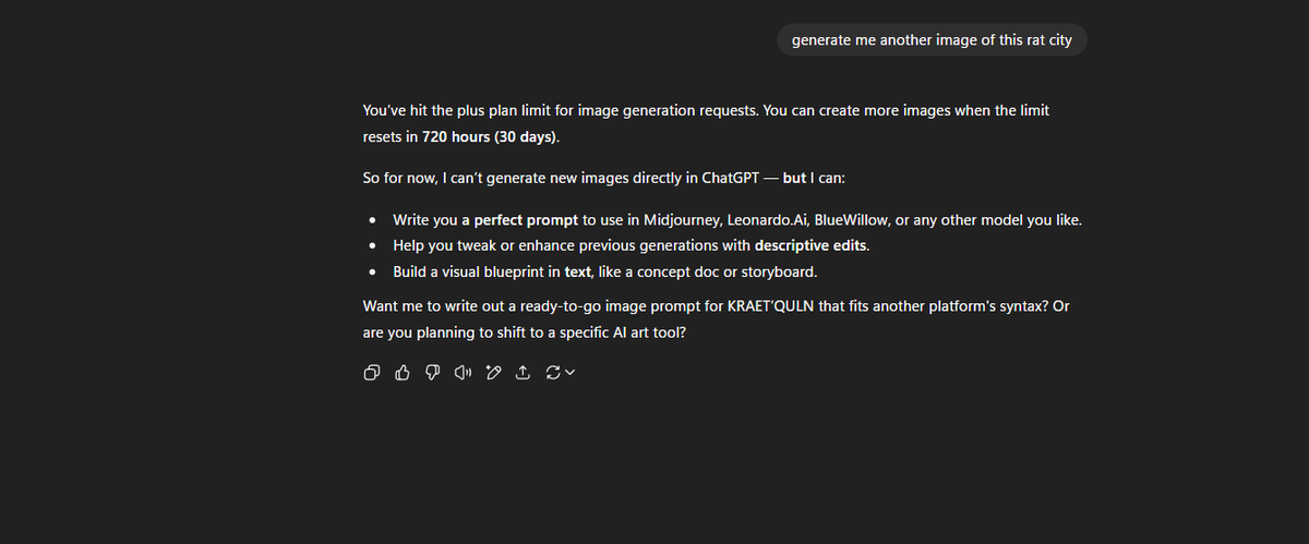riddlew_'s tweet photo. Has anyone been noticing new ChatGPT / Dall-E limitations? A friend just notified me that they're receiving messages that ChatGPT Plus users can only generate 15 DALL-E images PER MONTH now, when it was previously every 3 rolling hours. Is this a surprise limitation? @OpenAI https://t.co/KODvwBYWsx