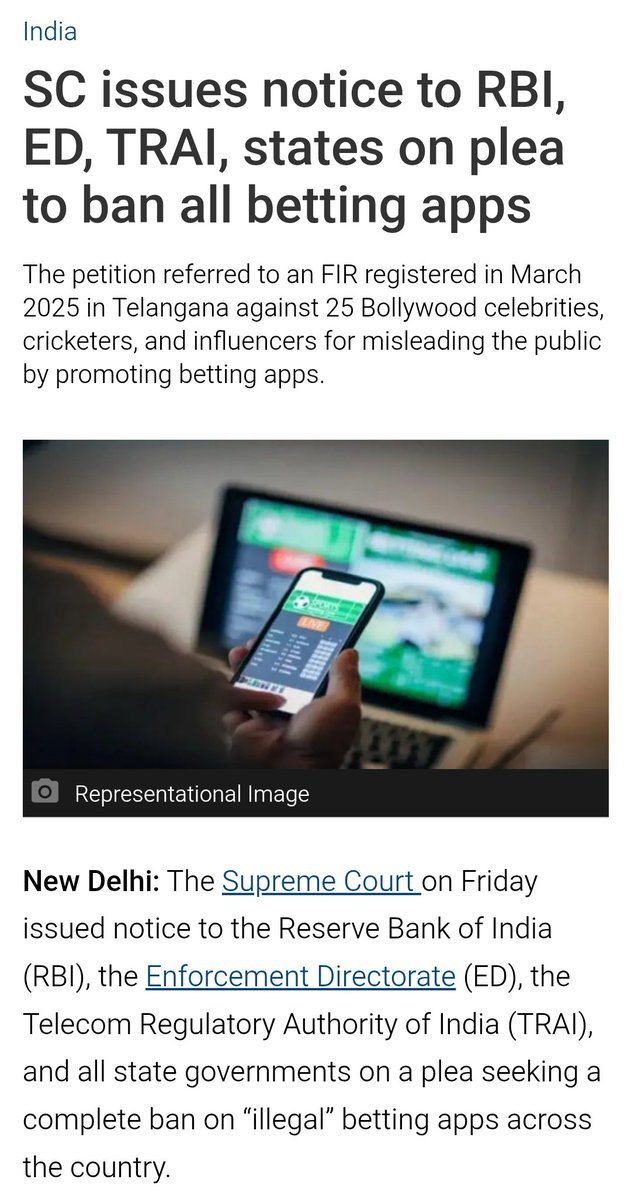 Surajya Abhiyan (@surajyacampaign) on Twitter photo #BREAKING l #SupremeCourt
🚨 SC issues notice to RBI, ED, TRAI, states on plea to ban all betting apps
🚨 Bench also sought responses from Google India, Apple India, Dream 11, MPL (Mobile Premier League), and A23 Games in the matter.
🎯 <a href="/SurajyaCampaign/">Surajya Abhiyan</a> asks
If PUBG can be #BREAKING l #SupremeCourt
🚨 SC issues notice to RBI, ED, TRAI, states on plea to ban all betting apps
🚨 Bench also sought responses from Google India, Apple India, Dream 11, MPL (Mobile Premier League), and A23 Games in the matter.
🎯 <a href="/SurajyaCampaign/">Surajya Abhiyan</a> asks
If PUBG can be