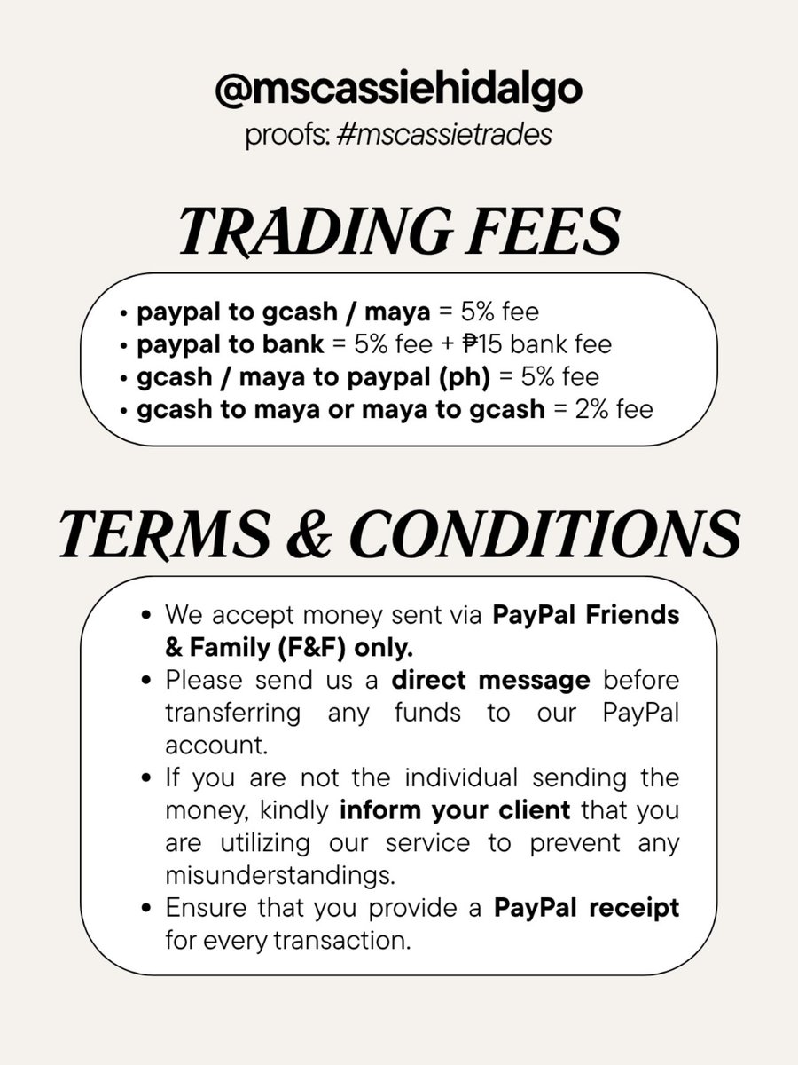 💸 | OPEN FOR TRADES

— paypal to gcash / maya (paymaya) / ph bank
— gcash / maya to paypal
— gcash to maya 🔄 maya to gcash

📝 no minimum amount required
📩 send a dm to inquire 

# wtt lf looking for trade trader trading e-wallet convert converter low fees rates money transfer