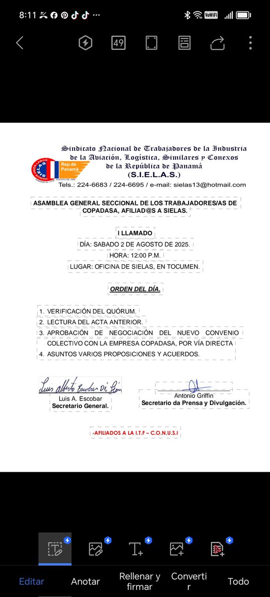 Atención trabajadores de la empresa COPADASA, afiliados a SIELAS.
#SIELASACTIVO #SIEMPRECOMBATIVO #TrabajadoresUnidos <a href="/ITF_Americas/">ITF Americas</a> <a href="/conusi21/">CONUSI</a>