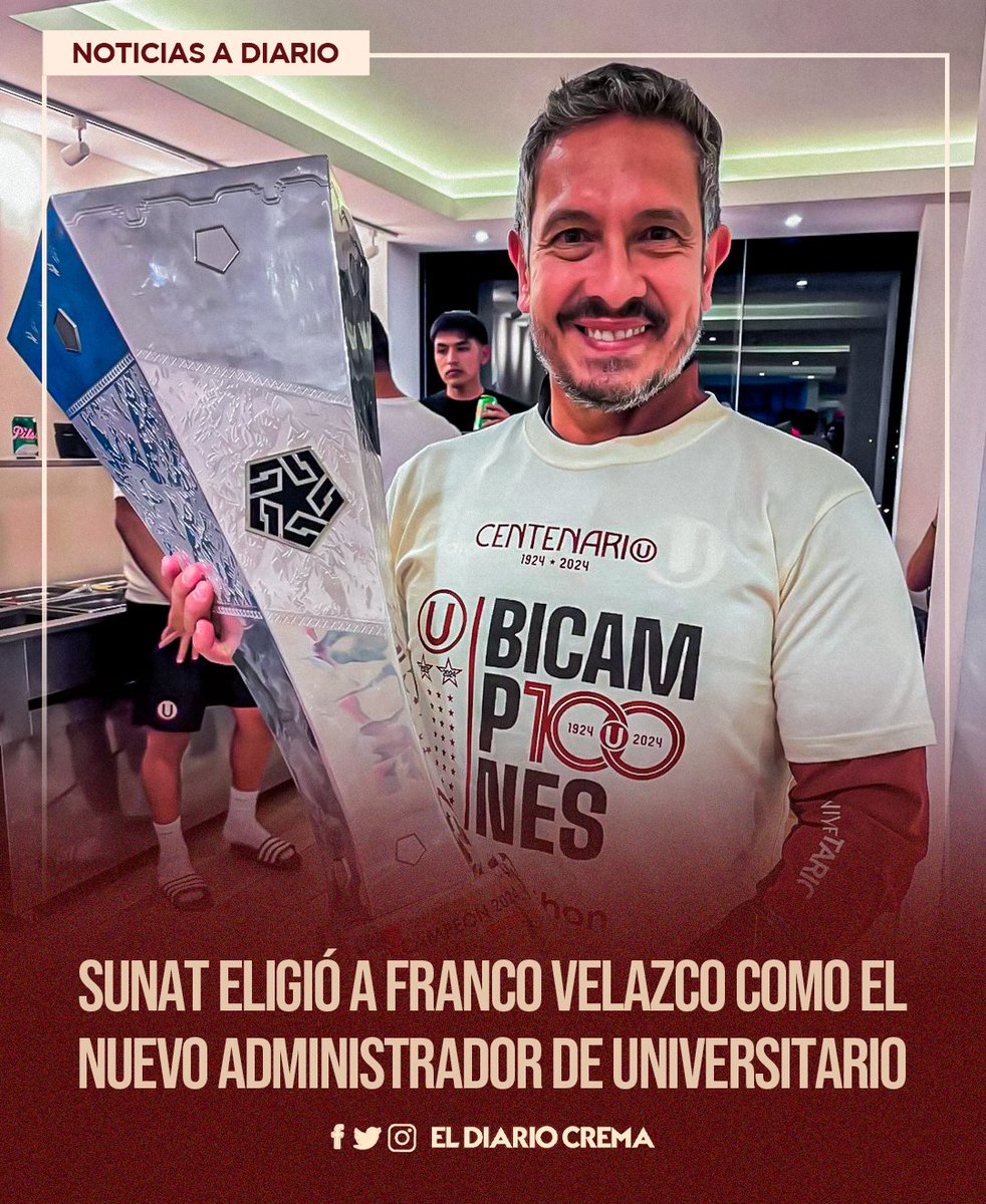 🚨 #CONFIRMADO: ¡VELAZCO ES EL ELEGIDO! 👔✍️🏼

La SUNAT designó a Franco Velazco como nuevo administrador de Universitario y continuará lo que se empezó en 2021. ✅️

Sin duda, la mejor noticia del día... ¿Opiniones, cremas? 👀👇🏽

🗞 Vía: <a href="/Gustavo_p4/">Gustavo Peralta Coello</a>
#YdaleU
#LaUEsDeSuGente