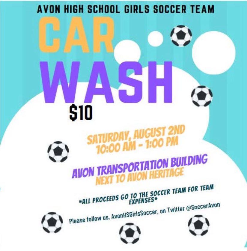 SoccerAvon's tweet photo. 🚨Annual Car Wash 
🗓️Saturday, Aug. 2nd
⏰ 10am-1pm
📍Avon Transportation Building

💜💛🦅⚽️

@avoneagles @AvonLocalSch @AvonEagleShop @kd_buller 
@DrMikeZalar https://t.co/wSo82dsgAT