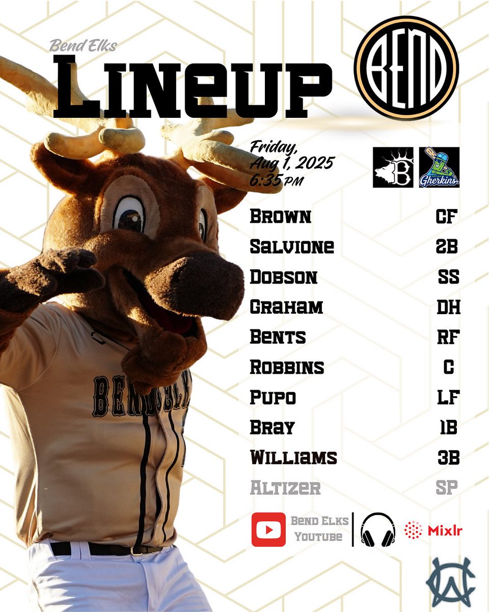Bend Elks Baseball (@bendbaseball) on Twitter photo Sharpen the Antlers🫎⚾️
📍: Vince Genna Stadium
🆚: <a href="/GherkinBaseball/">Portland Gherkins Baseball</a>
⏰: 6:35 PM PST
🎙️: Bend Elks YouTube Sharpen the Antlers🫎⚾️
📍: Vince Genna Stadium
🆚: <a href="/GherkinBaseball/">Portland Gherkins Baseball</a>
⏰: 6:35 PM PST
🎙️: Bend Elks YouTube