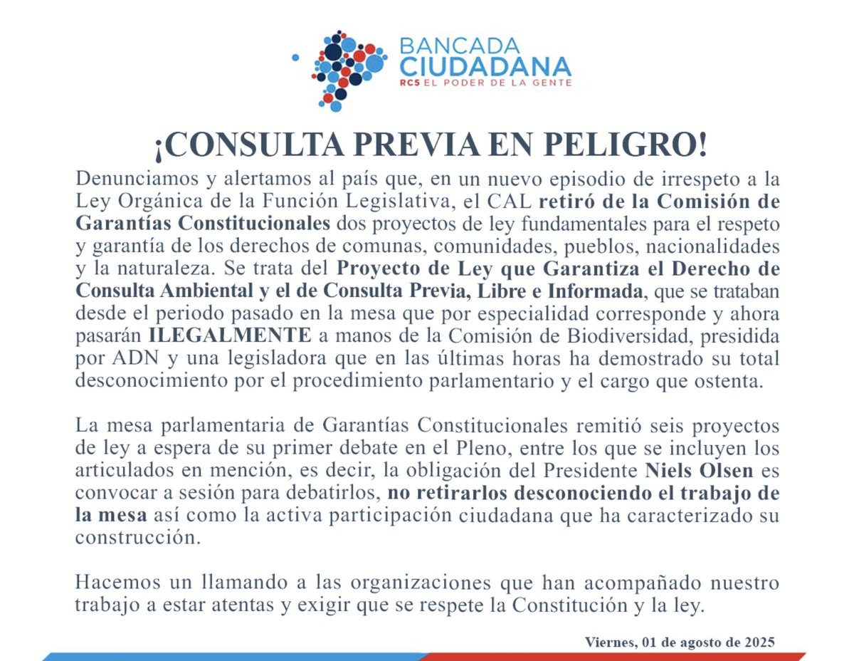 Bancada Ciudadana (@bancadarc5) on Twitter photo 🚨 ¡Consulta Previa en peligro!
El CAL retiró ilegalmente dos proyectos clave de la Comisión de <a href="/DerHumanosAN/">Garantias Constitucionales, Derechos Humanos</a>, violando la ley y desconociendo años de trabajo colectivo.
¡Denunciamos, un nuevo atropello al derecho de los pueblos y de la naturaleza!
¡Trabajen por nuestros 🚨 ¡Consulta Previa en peligro!
El CAL retiró ilegalmente dos proyectos clave de la Comisión de <a href="/DerHumanosAN/">Garantias Constitucionales, Derechos Humanos</a>, violando la ley y desconociendo años de trabajo colectivo.
¡Denunciamos, un nuevo atropello al derecho de los pueblos y de la naturaleza!
¡Trabajen por nuestros