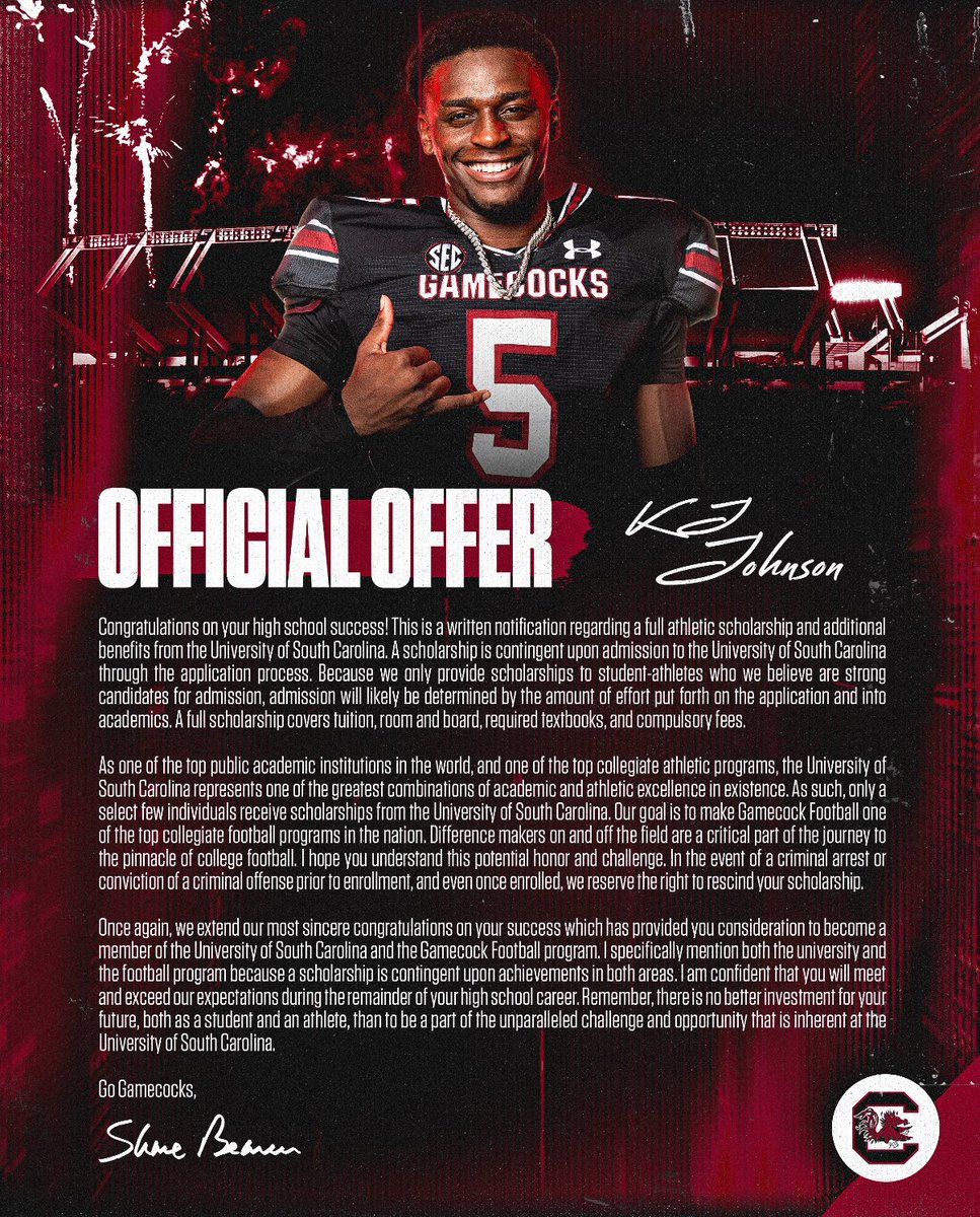 Kejiaun “KJ” Johnson (@kejiaunj_2026) on Twitter photo It’s official! All glory to God 🙏🏿 ! #SpursUp 🤙🏾🐔 <a href="/CoachSBeamer/">Shane Beamer</a> <a href="/togray14/">Torrian Gray</a> <a href="/CoachClaytonW/">Clayton White</a> <a href="/KwameAgyeiMinta/">Kwame Agyei-Minta</a> <a href="/DarrenUscher/">Darren Uscher</a> It’s official! All glory to God 🙏🏿 ! #SpursUp 🤙🏾🐔 <a href="/CoachSBeamer/">Shane Beamer</a> <a href="/togray14/">Torrian Gray</a> <a href="/CoachClaytonW/">Clayton White</a> <a href="/KwameAgyeiMinta/">Kwame Agyei-Minta</a> <a href="/DarrenUscher/">Darren Uscher</a>