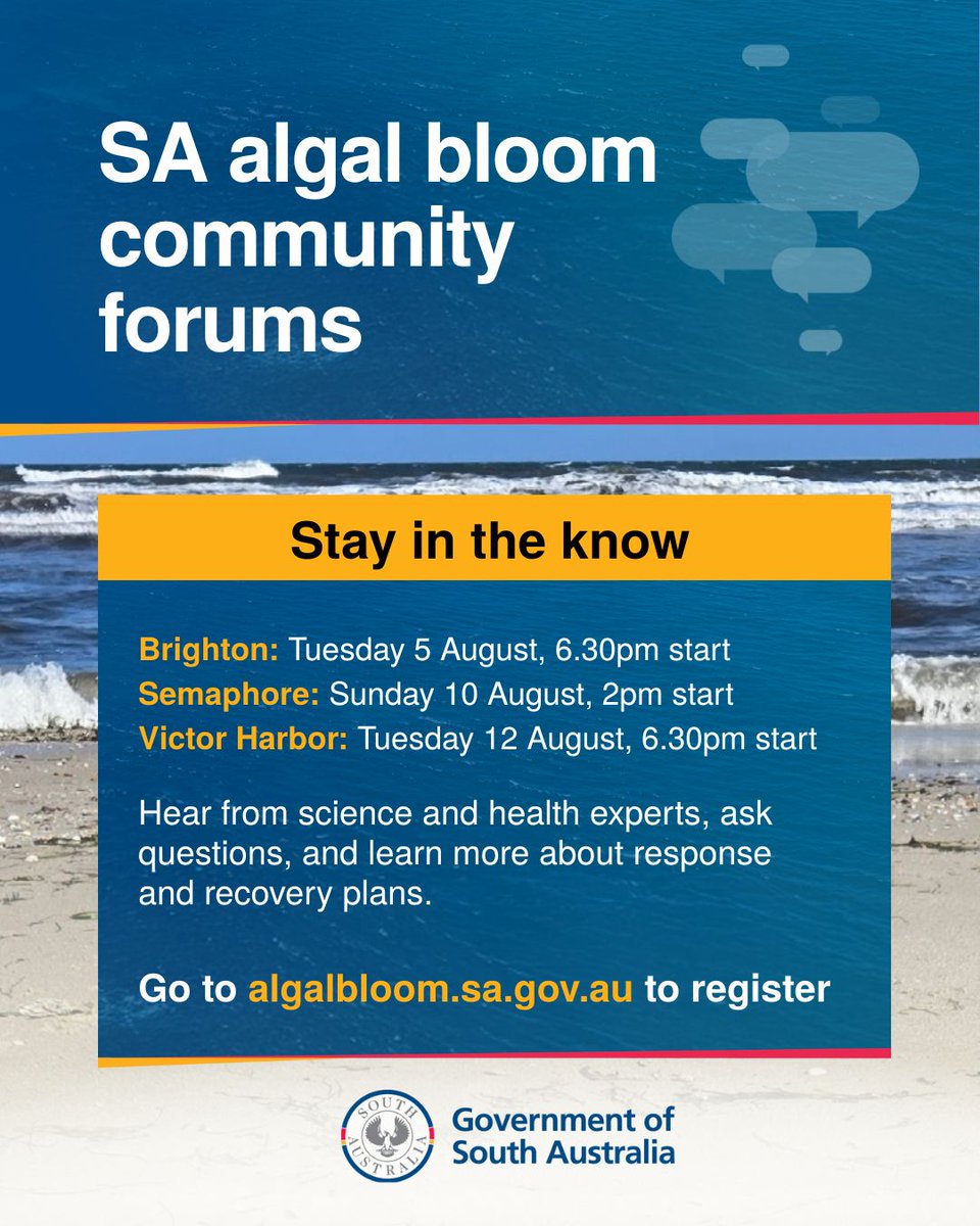 SA_PIRSA's tweet image. 🌊 Algal Bloom Community Forums – Stay Informed

📅 Community forums | August-September 
📍 Regional + metro beach locations

🎟️ Spots are limited, register now 👉 ow.ly/hwSc50WypAA

#AlgalBloomSA #CoastalRecovery #CommunityForums #SAEnvironment #MarineHealth #PublicSafety