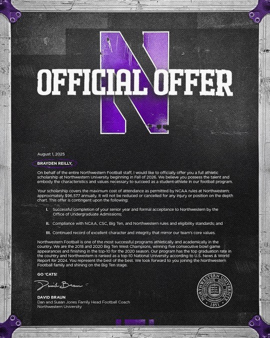 Brayden Reilly '26 ATH (@braydenreilly25) on Twitter photo Aug 1st. Official Offer. ✅ 100% Committed.
<a href="/StXFB/">Bomber Football</a> <a href="/COACHSPECHT28/">Steve Specht</a> <a href="/Brodbeckj02/">Jake Brodbeck</a> <a href="/RUNBYU/">COACH T, M.Ed., HSSCC, USAW,FMS</a> <a href="/1coachmorrison/">Coach Morrison</a> <a href="/NUFBRecruiting/">NUFB Recruiting</a> <a href="/NUFBFamily/">Northwestern Football</a> <a href="/DavidBraunFB/">David Braun</a> <a href="/Coach_McGarigle/">Tim McGarigle</a>
<a href="/Coach_Mulford/">Sam Mulford</a> <a href="/CSarkisianNU/">Christian Sarkisian</a> Aug 1st. Official Offer. ✅ 100% Committed.
<a href="/StXFB/">Bomber Football</a> <a href="/COACHSPECHT28/">Steve Specht</a> <a href="/Brodbeckj02/">Jake Brodbeck</a> <a href="/RUNBYU/">COACH T, M.Ed., HSSCC, USAW,FMS</a> <a href="/1coachmorrison/">Coach Morrison</a> <a href="/NUFBRecruiting/">NUFB Recruiting</a> <a href="/NUFBFamily/">Northwestern Football</a> <a href="/DavidBraunFB/">David Braun</a> <a href="/Coach_McGarigle/">Tim McGarigle</a>
<a href="/Coach_Mulford/">Sam Mulford</a> <a href="/CSarkisianNU/">Christian Sarkisian</a>