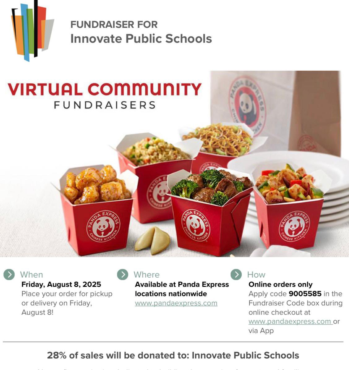 🍜🥢 Eat good. Do good.

This Fri, Aug 8, order Panda Express online &amp; use code 9005585 → 28% of sales go to Innovate Public Schools 📚💡

Let’s turn lunch into impact. 🧡
👉 pandaexpress.com #EatForACause #SupportEducation #InnovatePublicSchools