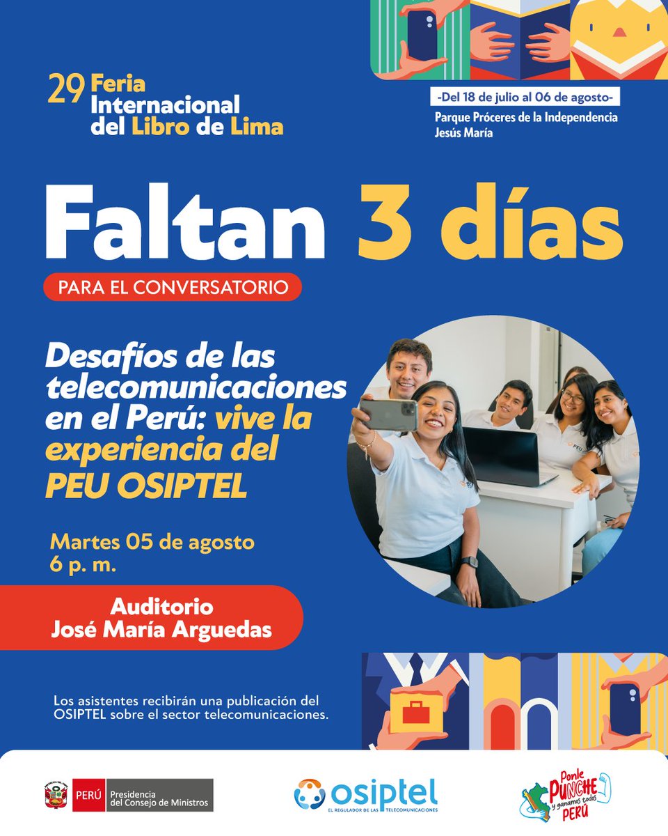 📚 En 3 días, podrás participar de nuestro conversatorio "Desafíos de las #Telecom en el Perú: vive la experiencia del #PEUOSIPTEL🎓“.​

Si eres egresado o alumno del último ciclo de Derecho, Ingeniería y Economía, tu momento ha llegado. ​

🗓️ 5/08 ​
⌚️ 6 p.m. ​
📌 #FILLIMA2025📚