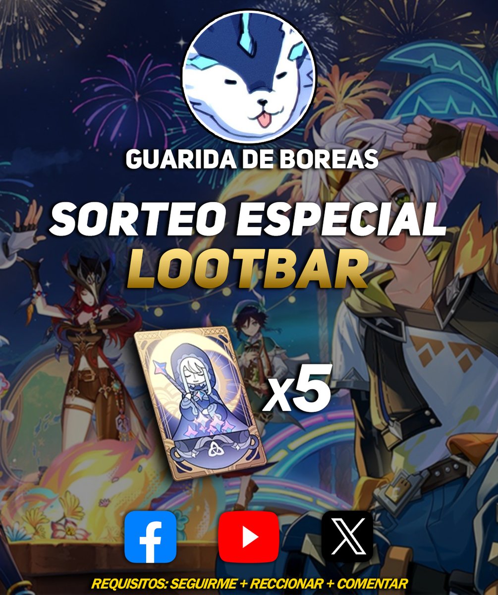 𝗦𝗢𝗥𝗧𝗘𝗢 𝗘𝗦𝗣𝗘𝗖𝗜𝗔𝗟 𝗟𝗢𝗢𝗧𝗕𝗔𝗥

Chicos, gracias a LootBar voy a estar sorteando un total de 5 Bendiciones Lunares.

Para participar solo sigue estos pasos:

🔁RT y comentar 
🔴Suscribirte a mi canal de YT: goo.su/MuLTzur

#GenshinImpact