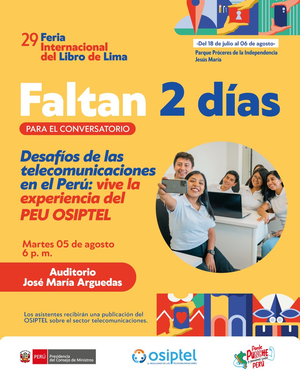 📚 Estamos a 2 días de nuestro conversatorio "Desafíos de las #Telecom en el Perú: vive la experiencia del #PEUOSIPTEL🎓“.

Si eres egresado o alumno del último ciclo de Derecho, Ingeniería  y Economía, te esperamos.

🗓️ 5 de agosto ​
⌚️ 6 p.m. ​
📌 Auditorio José María Arguedas