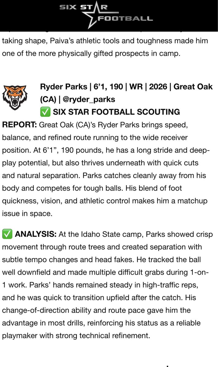 Ryder Parks (@ryder_parks) on Twitter photo Thanks <a href="/sixstarfootball/">Six Star Football | PLUS+</a> for the write up from the <a href="/BengalGridiron/">Idaho State Football</a> football camp. Game 1 can’t come soon enough!
<a href="/GOHS_WolfpackFB/">Great Oak Football</a> <a href="/IPAStrong/">Impact Performance Academy</a> <a href="/PGregorian/">Paul Gregorian</a> <a href="/JReyes_NP/">Jordan Reyes</a> <a href="/PrepRedzoneCA/">Prep Redzone California</a> Thanks <a href="/sixstarfootball/">Six Star Football | PLUS+</a> for the write up from the <a href="/BengalGridiron/">Idaho State Football</a> football camp. Game 1 can’t come soon enough!
<a href="/GOHS_WolfpackFB/">Great Oak Football</a> <a href="/IPAStrong/">Impact Performance Academy</a> <a href="/PGregorian/">Paul Gregorian</a> <a href="/JReyes_NP/">Jordan Reyes</a> <a href="/PrepRedzoneCA/">Prep Redzone California</a>