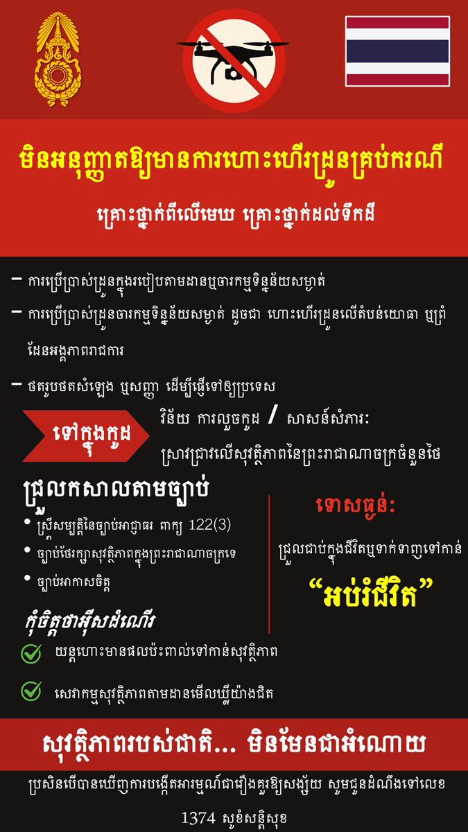 mononewsth's tweet photo. กองทัพย้ำข้อห้ามบินโดรน หลังพบพยายามสำรวจที่ตั้งทหาร

กองทัพบกประกาศยกระดับมาตรการรับมือภัยคุกคามจากโดรน หลังพบมีความพยายามบินตรวจการณ์ที่ตั้งทางทหาร โดย

1. กรณีมีการใช้อาวุธ หรือ เป็นภัยคุกคามร้ายแรง ให้หน่วยฯ ตามแนวชายแดนตอบโต้ได้ทันที

2. พื้นที่กองทัพภาคที่ 1 และ 2
• พื้นที่แนวหน้า: สามารถใช้ทั้งมาตรการ Soft Kill และ Hard Kill ได้
• พื้นที่ส่วน��ลัง: ให้ใช้ Soft Kill ก่อน หากยังไม่ได้ใช้ Hard Kill  เน้นย้ำต้องไม่กระทบประชาชน

2. พื้นที่กองทัพภาคที่ 3 และ 4
- เน้น Soft kill ก่อน หากจำเป็นใช้ Hard kill ตามความเหมาะสม
- การใช้อาวุธ ให้ตร.เป็นผู้รับผิดชอบหลัก หน่วยทหารเฉพาะขอบเขตที่ตั้ง
- ต้องไม่ก่อให้เกิดผลกระทบกับประชาชน

#MONONews #ไทยกัมพูชา #โดรน