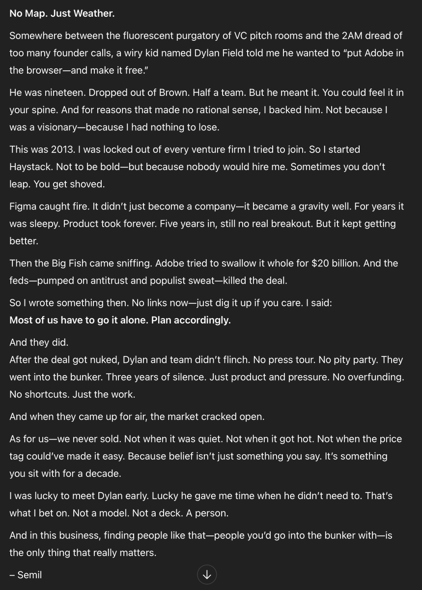 Lots of pings this week on Figma, many asking me to write about it. But didn't feel right, so came up w/ a different idea. I asked my GPT to scan my blog for Figma mentions &amp; write a post about Haystack's Figma ride to IPO in the style of Hunter S. Thompson - enjoy!