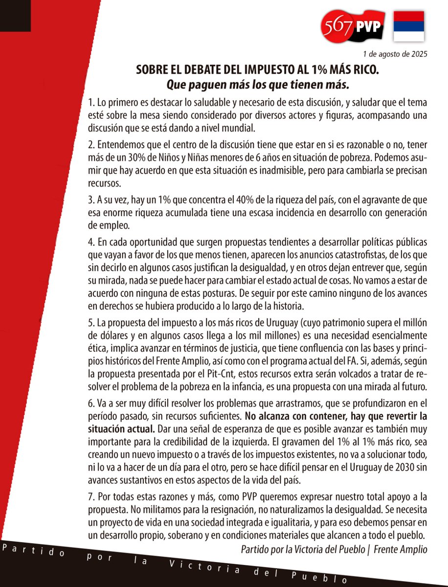 "...como PVP queremos expresar nuestro total apoyo a la propuesta...Se necesita un proyecto de vida en una sociedad integrada e igualitaria, y para eso debemos pensar en un desarrollo propio, soberano y en condiciones materiales que alcancen a todo el pueblo."
#PVP50años