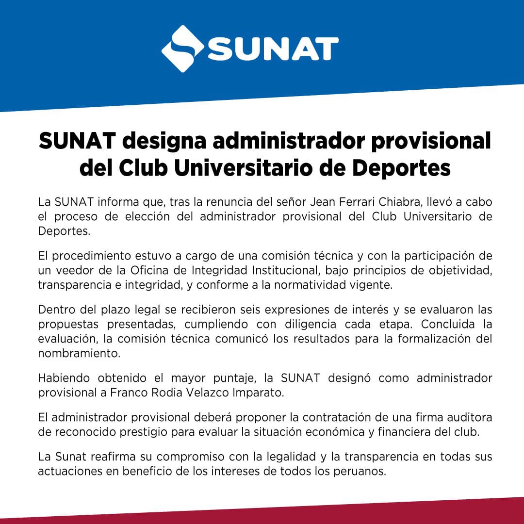Gustavo_p4's tweet photo. ✅ Comunicado oficial de la SUNAT informando que Franco Velazco es el nuevo administrador temporal de Universitario de Deportes, tal como lo anunciamos. 
➡️Señalan que Velazco deberá promover la contratación de una firma auditora de reconocido prestigio para evaluar la situación económica y financiera del club. 

☝️Acá estamos, como siempre, dando información 😉
Gracias a los que pusieron el crédito. 
Y los que no, ¡pongan pues!