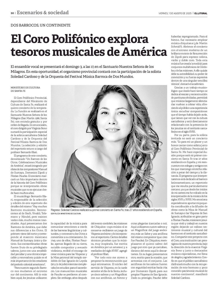 Soledad Cardoso (@cardososoledad) on Twitter photo Preciosa nota aparecida en <a href="/ellitoral/">El Litoral</a> sobre nuestro próximo concierto 🤩
#ManuelDeSumaya #DomenicoZipoli #FlorianPaucke #CoroPolifónicoProvincialDeSantaFe 🇦🇷 Preciosa nota aparecida en <a href="/ellitoral/">El Litoral</a> sobre nuestro próximo concierto 🤩
#ManuelDeSumaya #DomenicoZipoli #FlorianPaucke #CoroPolifónicoProvincialDeSantaFe 🇦🇷