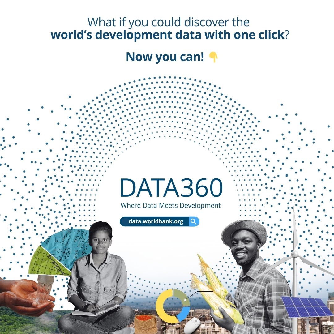 WBPubs's tweet image. What if you could discover the world’s development data with one click? Now you can! #Data360, the @WorldBank&apos;s new data hub,  is live!

Discover 10,000+ indicators and get the insights you need: wrld.bg/wX5i50VNirg| #DataMeetsDevelopment