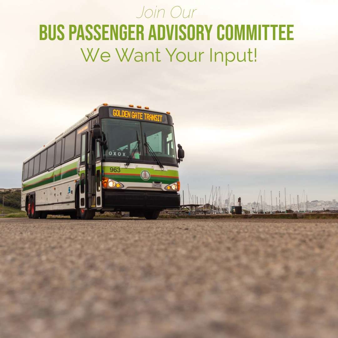 Applications are being accepted for our advisory committees. If you regularly ride Golden Gate Transit or ferry, or frequently bike on the Golden Gate Bridge, join an advisory committee to help us  improve service. Email pac@goldengate.org or visit: goldengate.org/bus/riding-the…