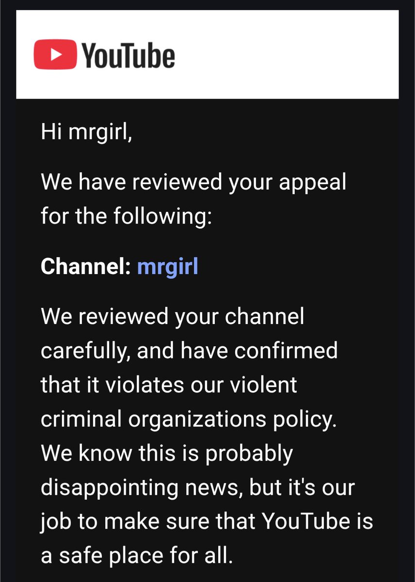 I know I should just accept that I'm never getting unbanned from YouTube, but this is so weird.